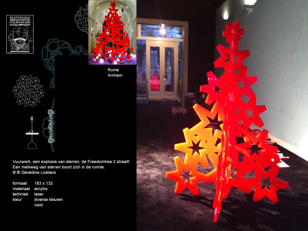 Kerstboom , vuurwerk, een explosievan sterren, de freedomtree 2 straalt! Een melkweg van sterren boort zich in de ruimte. Rome 2012 - Arnhem 2019